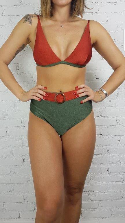 Bikini Set Hot Pants Olive Green and Terracotta Shine