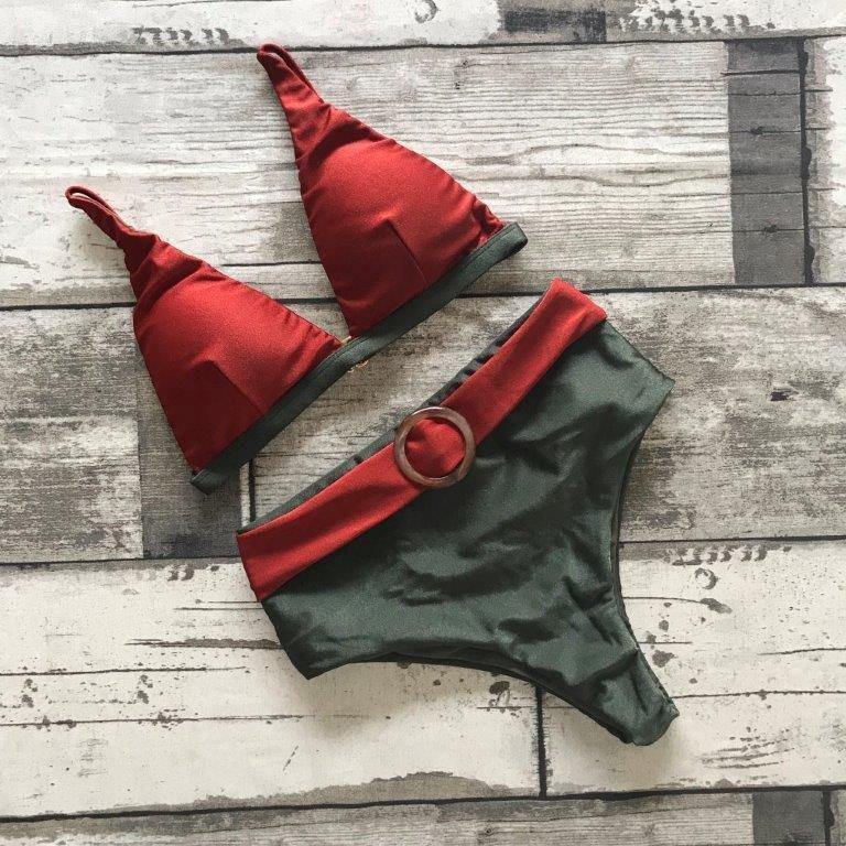 Bikini Set Hot Pants Olive Green and Terracotta Shine