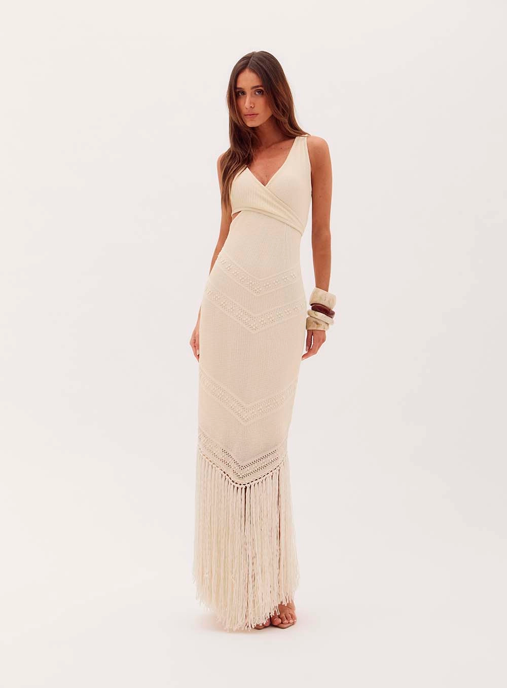 Long Knitted Dress with Cutouts and Fringe by Tabata